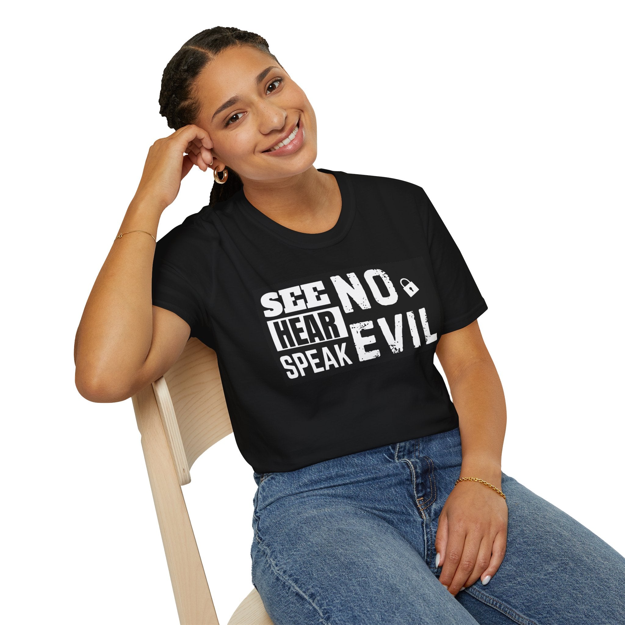 See No Hear Speak No Evil T-Shirt — Bold Typography Graphic Tee for Humor & Statement