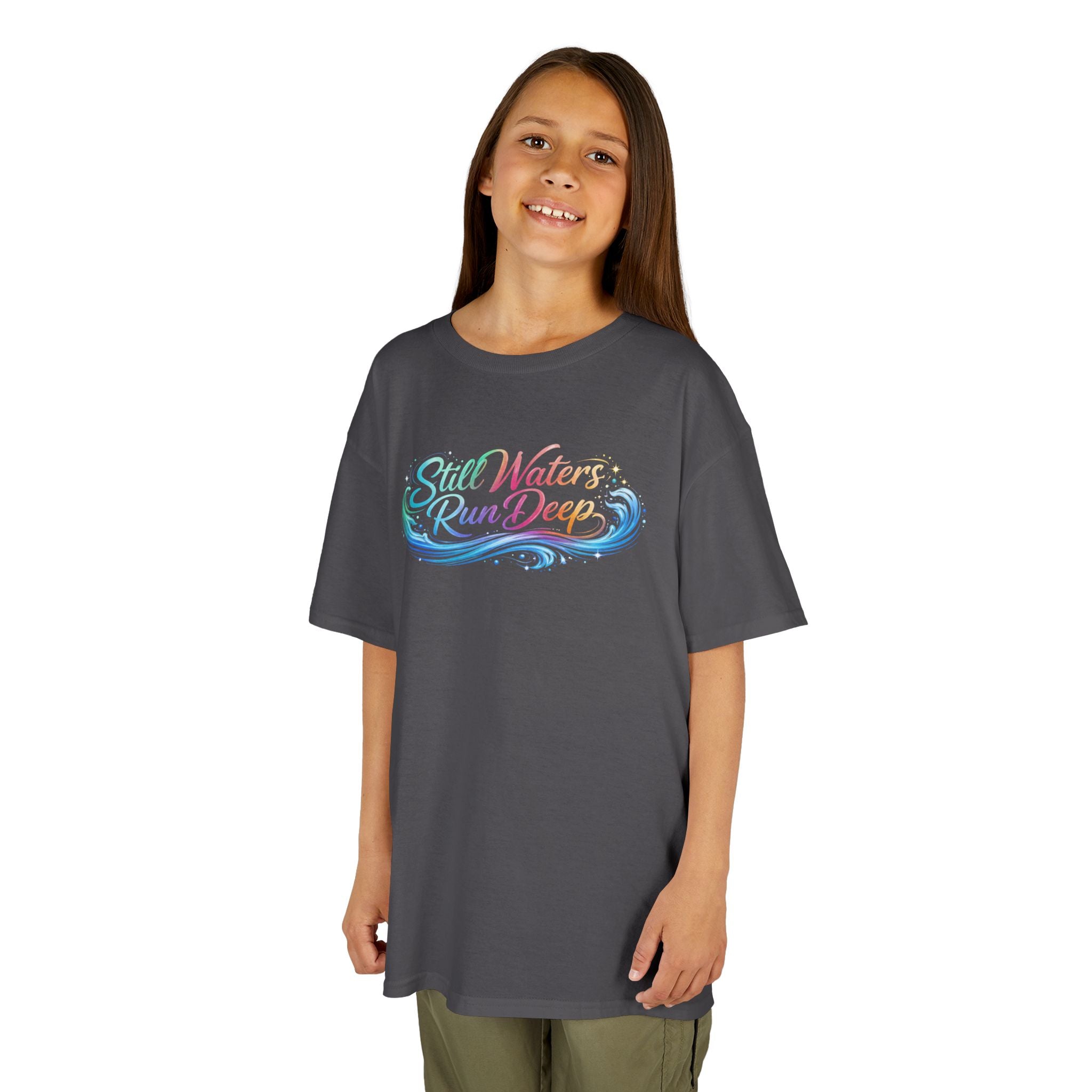 Kids Tee — "Still Waters Run Deep" Colorful Water Swirl Graphic