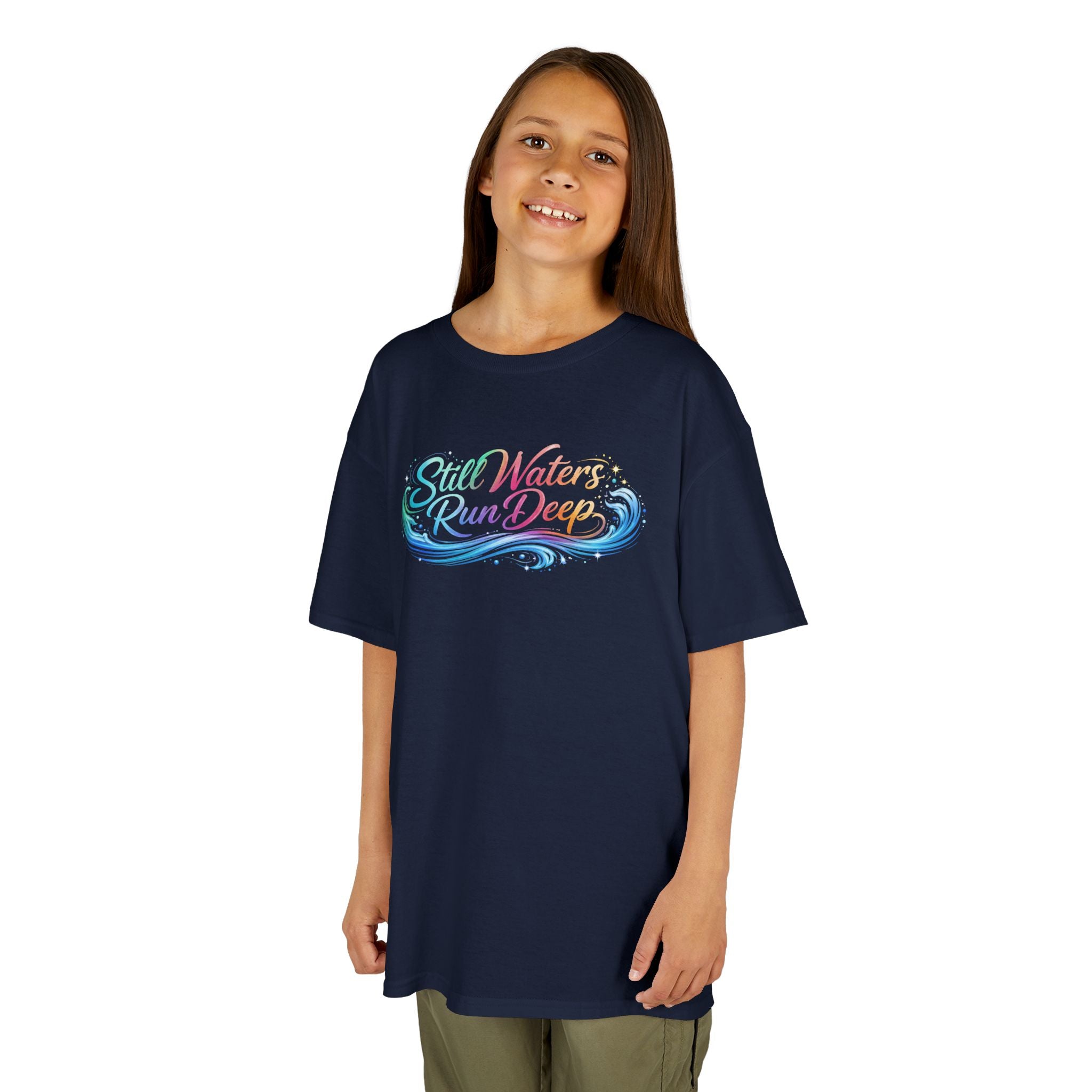 Kids Tee — "Still Waters Run Deep" Colorful Water Swirl Graphic