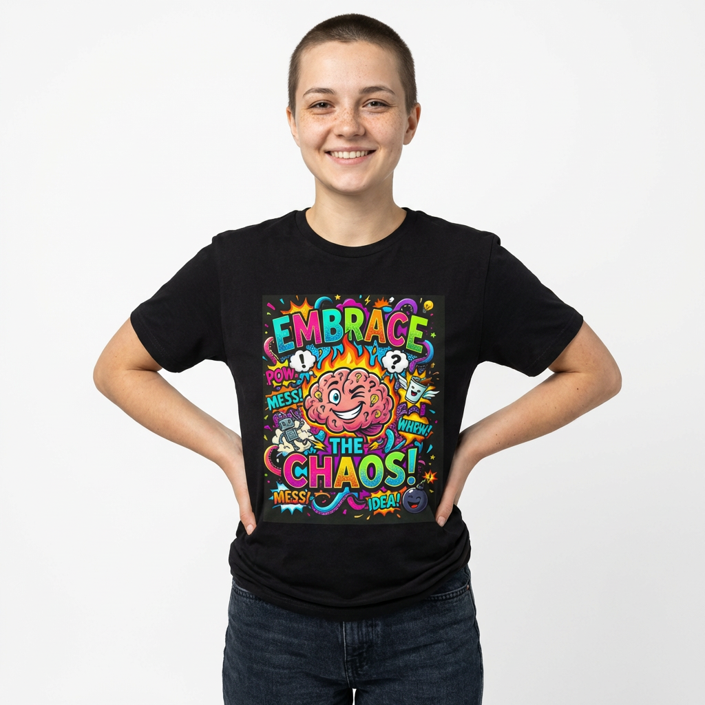 Embrace the Chaos T-Shirt — Colorful Brain Pop Art Graphic Tee