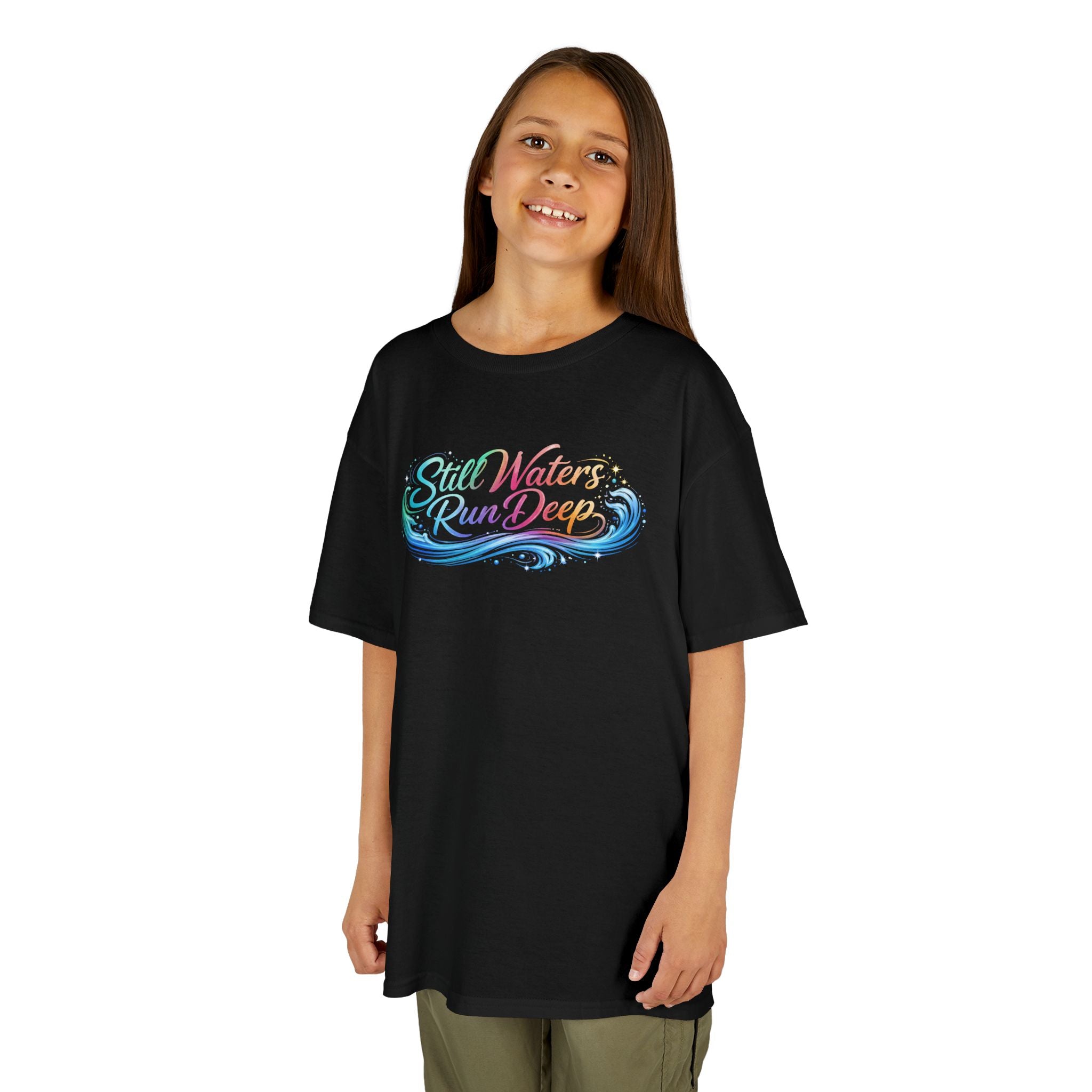 Kids Tee — "Still Waters Run Deep" Colorful Water Swirl Graphic
